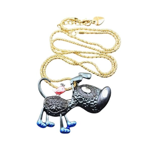 Betsey Johnson Necklace Black Enamel Dog & Bird Brooch Pendant Gold Tone - Picture 1 of 2